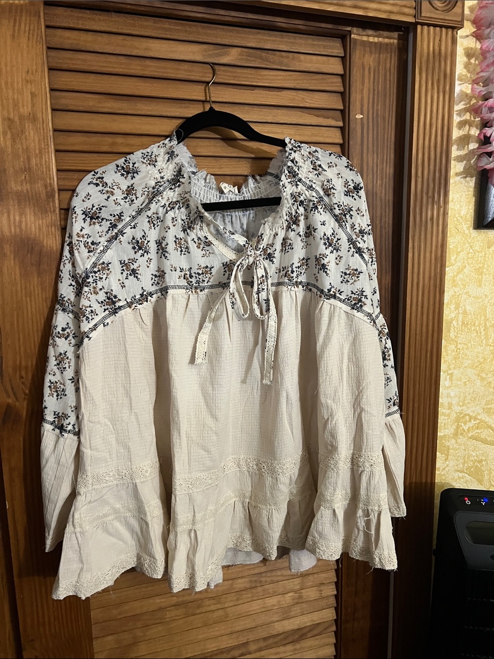 POL Cream Peasant Tunic with Blue Floral Yoke